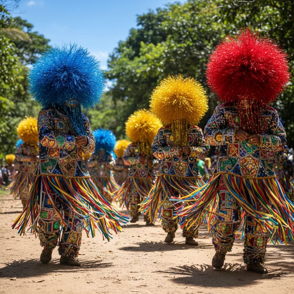 Maracatu Rural — caboclos de lança avec perruques multicolores et costumes à franges — Pernambuco Brésil