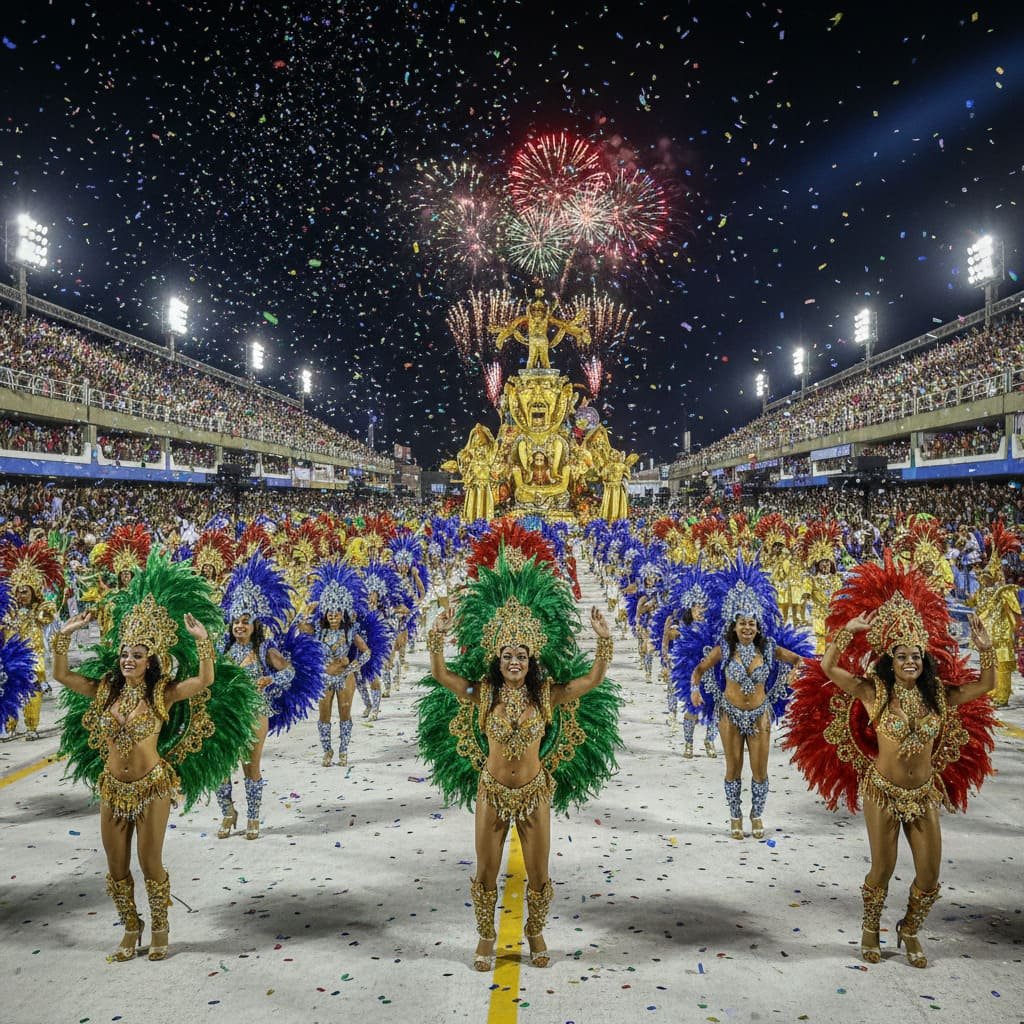 Passistas au Sambodrome de Rio — costumes samba brésilienne à plumes et strass — carnaval de Rio