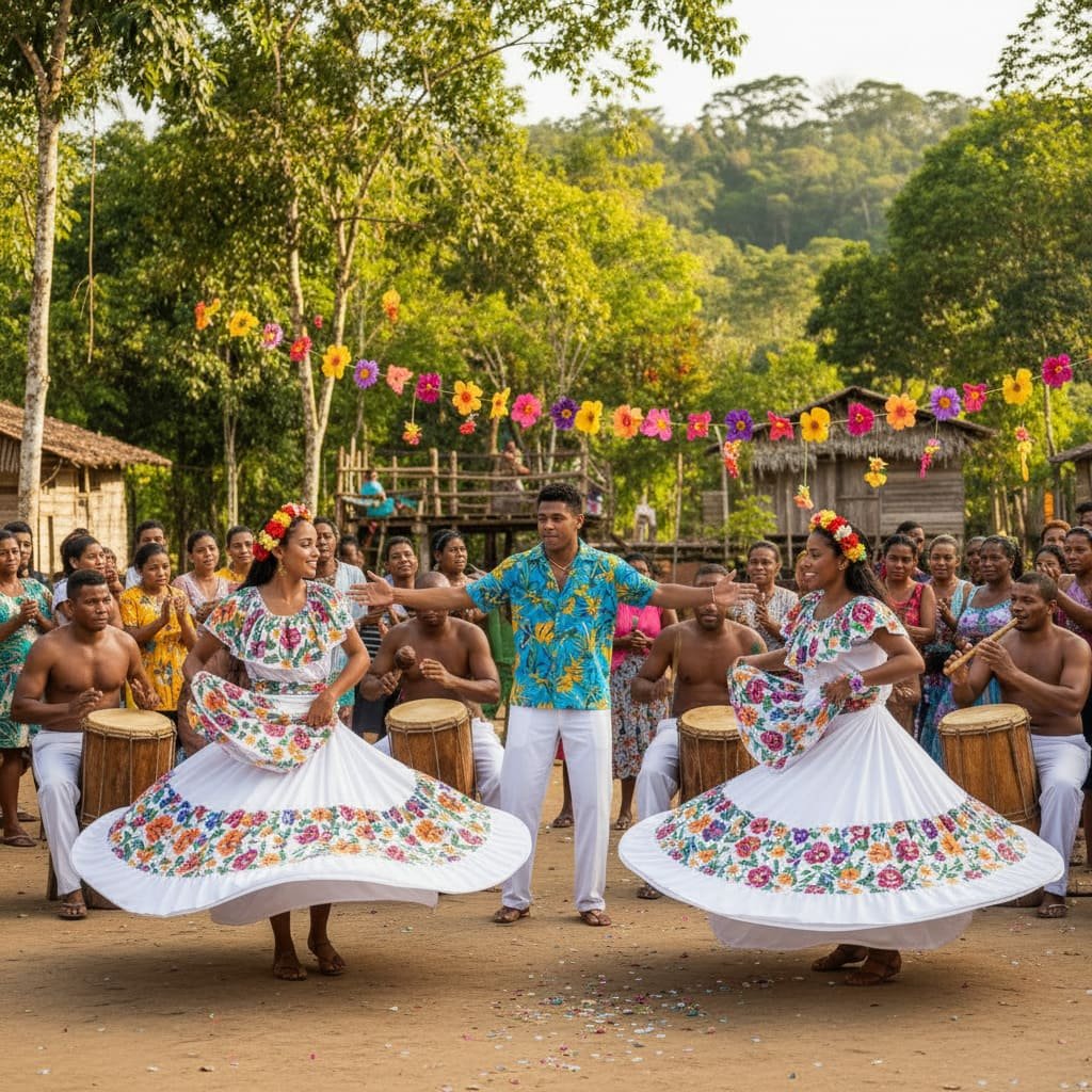 Danse lambada en couple — robes blanches brodées et percussions au Brésil