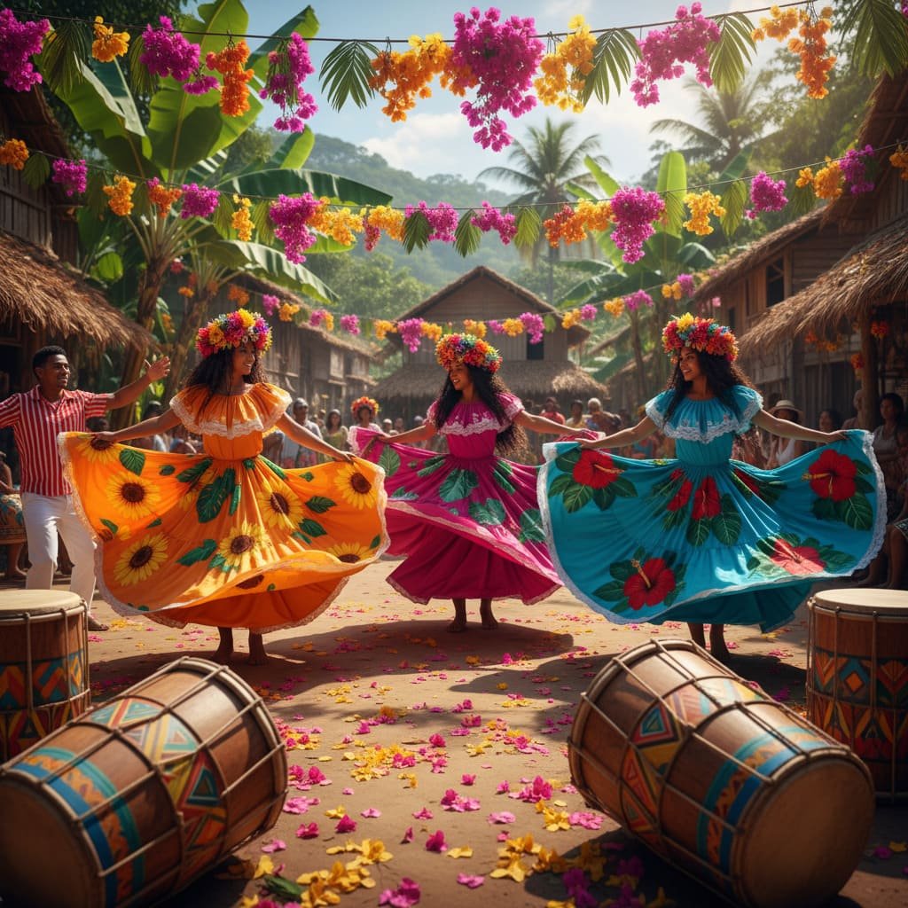 Danse Carimbó — jupes colorées à motifs floraux et couronnes de fleurs — Amazonie Brésil